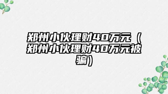 鄭州小伙理財40萬元（鄭州小伙理財40萬元被騙）